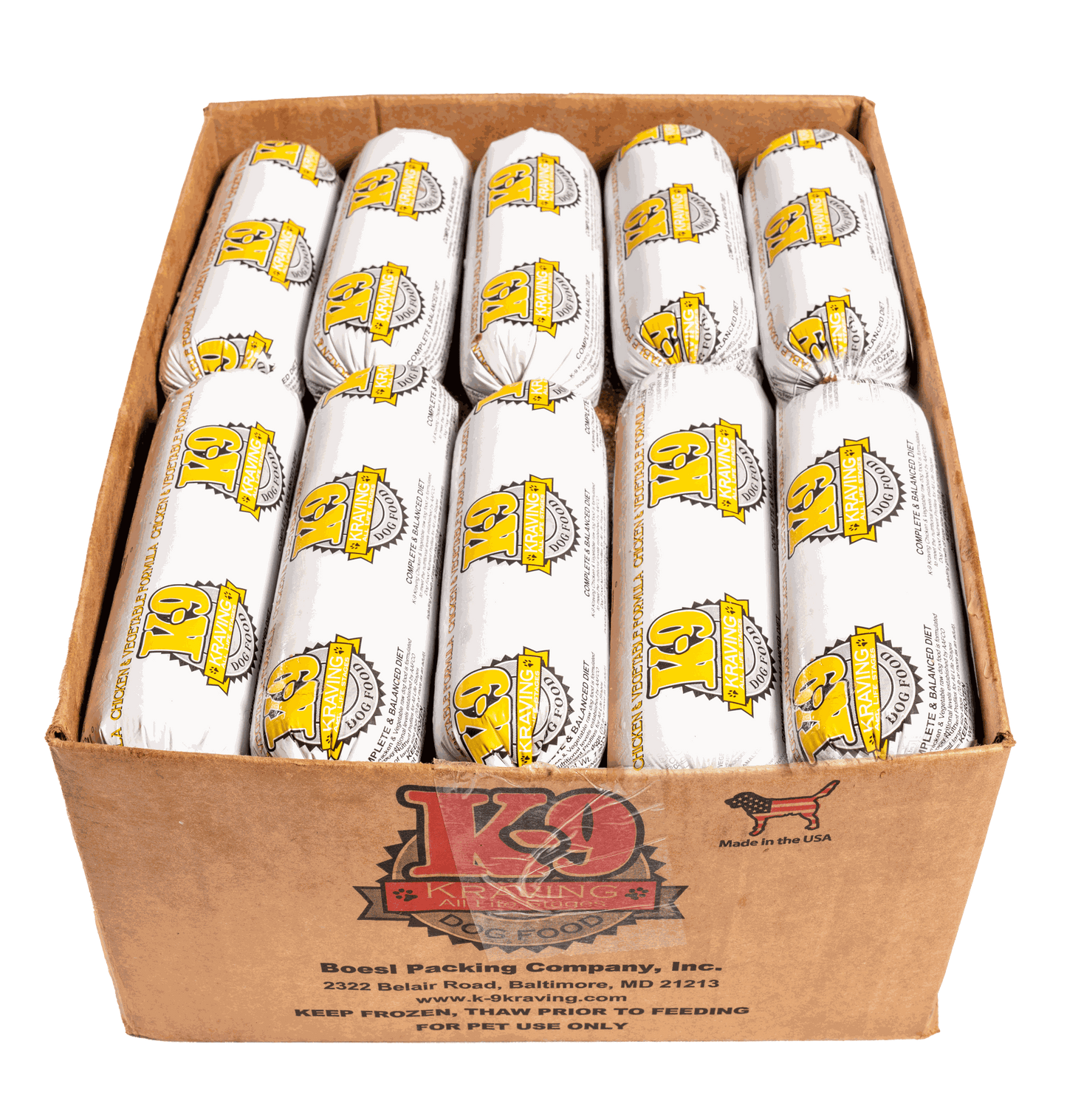 K-9 Kraving Chicken & Vegetable Raw Dog Food packaging in cardboard box.