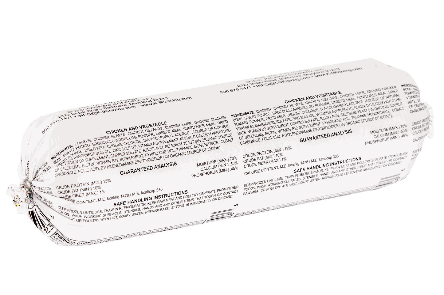 Raw dog food roll of K-9 Kraving Chicken & Vegetable Formula.