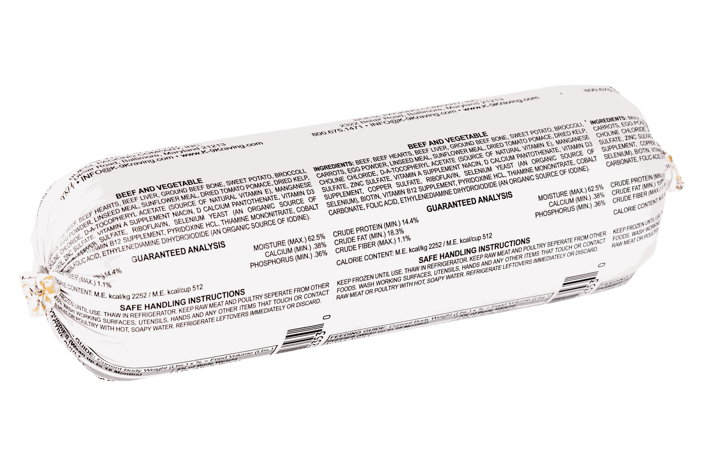 K-9 Kraving Beef & Vegetable Formula Raw Dog Food package showing ingredients and nutritional information.