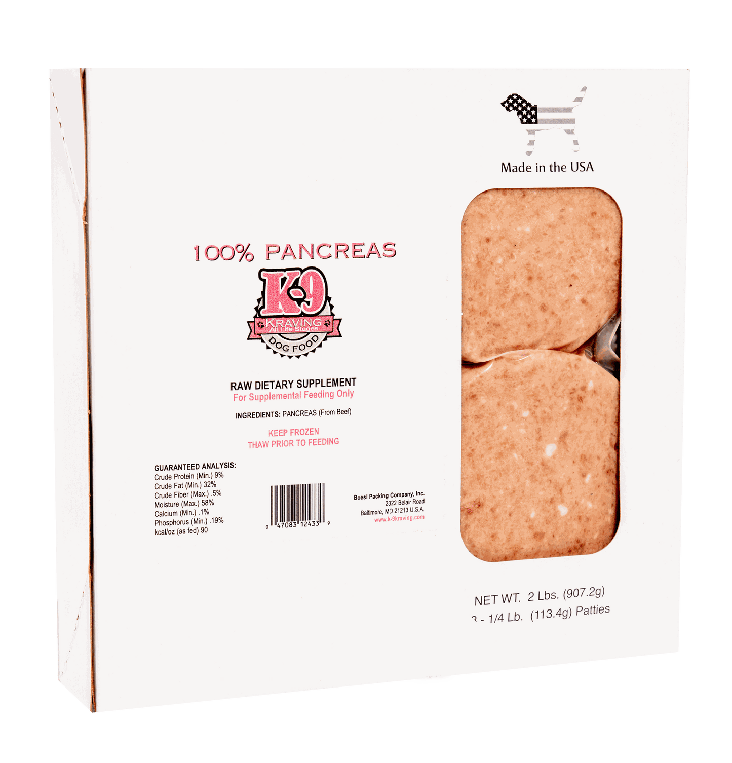 K-9 Kraving Ground Beef Pancreas for Dogs in Packaging - Nutrient-Dense Raw Supplement
