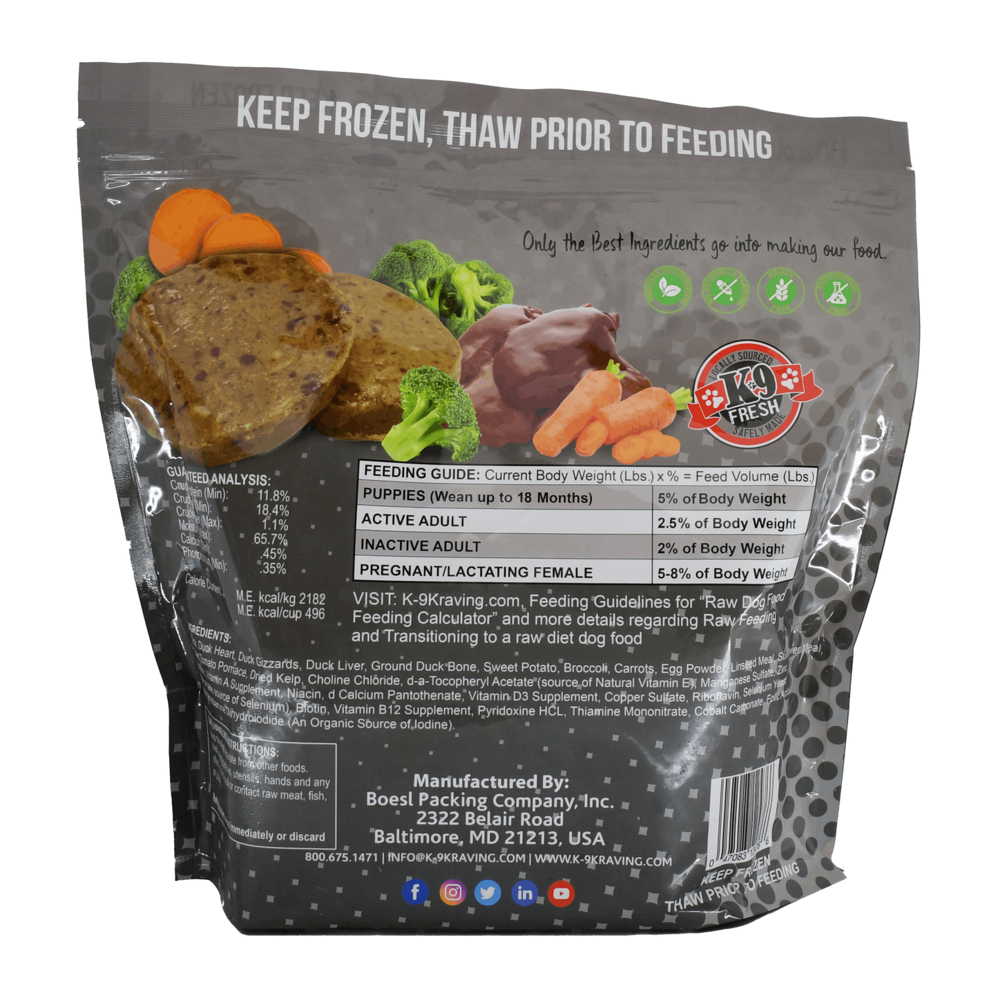 K-9 Kraving Duck & Vegetable Formula Raw Dog Food packaging with feeding guide and nutrients.