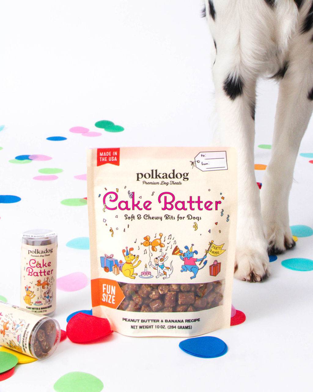 Banana soft and chewy dog treats mini tube with cake batter peanut butter and banana flavor in fun size packaging