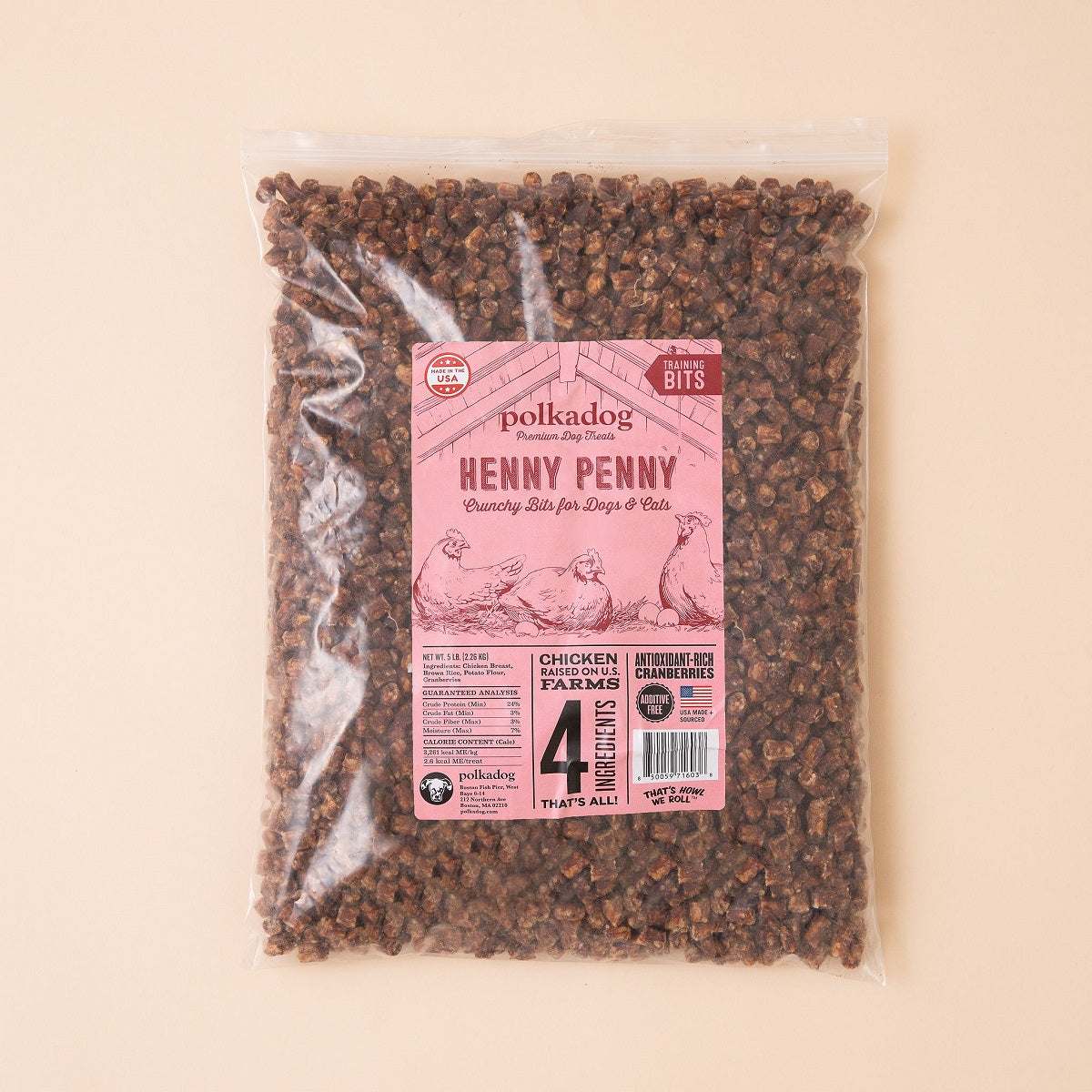 Henny Penny Chicken crunchy training bits dog treats with cranberries in resealable bag