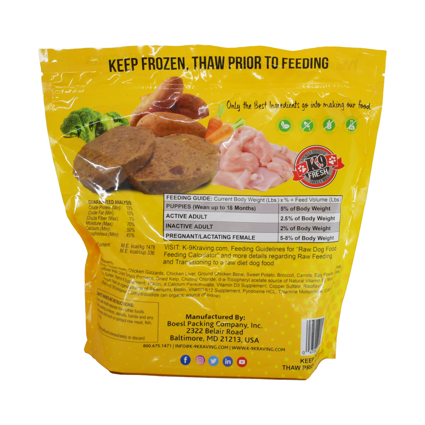 Raw dog food packaging with chicken and vegetable formula promoting freshness and natural ingredients.