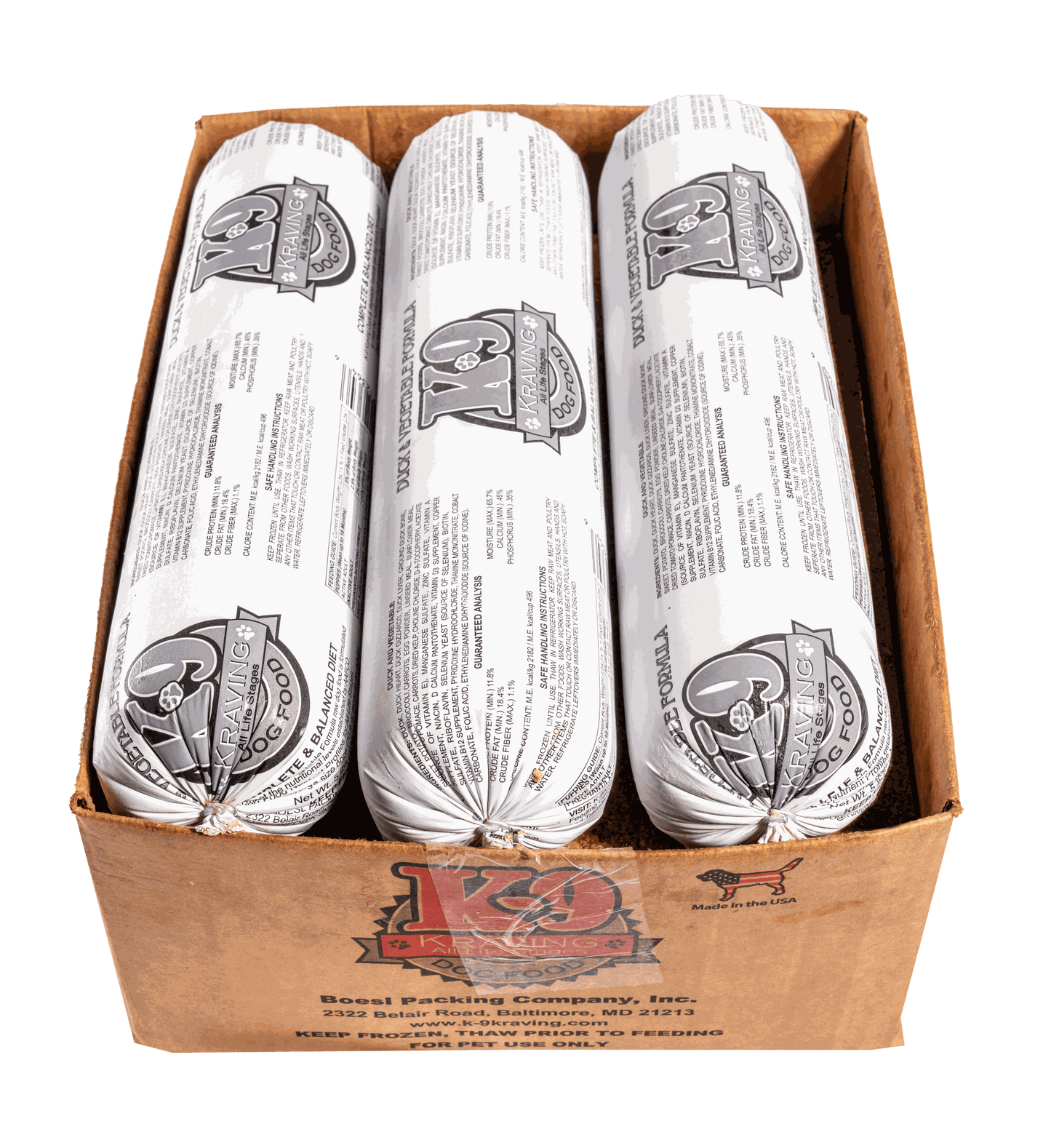 K-9 Kraving Duck & Vegetable Formula Raw Dog Food in packaging