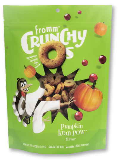 Pumpkin Kran Pow dog treats packaging, featuring crunchy rings with pumpkin and cranberry flavor.