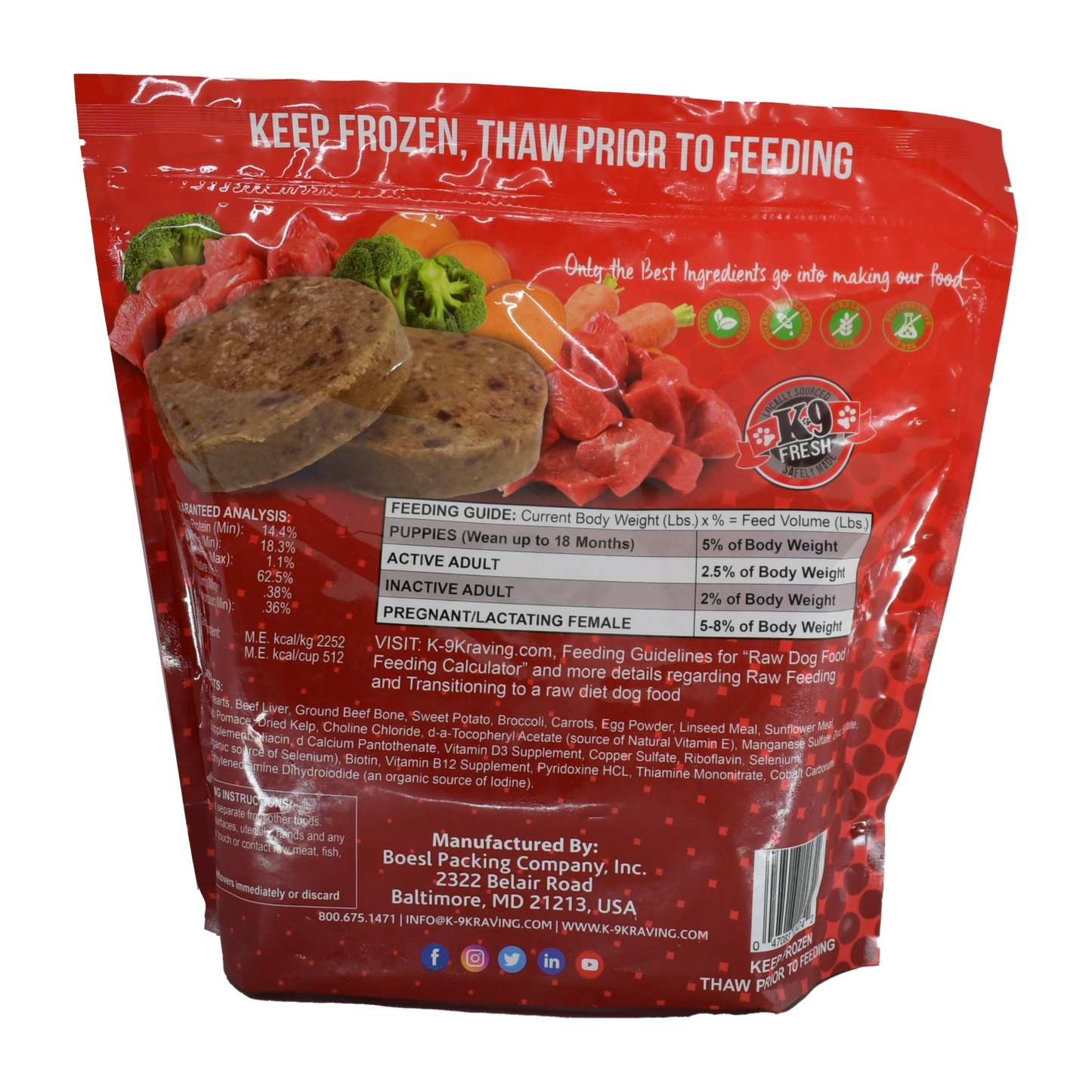 K-9 Kraving Beef & Vegetable Raw Dog Food packaging with nutritional details.