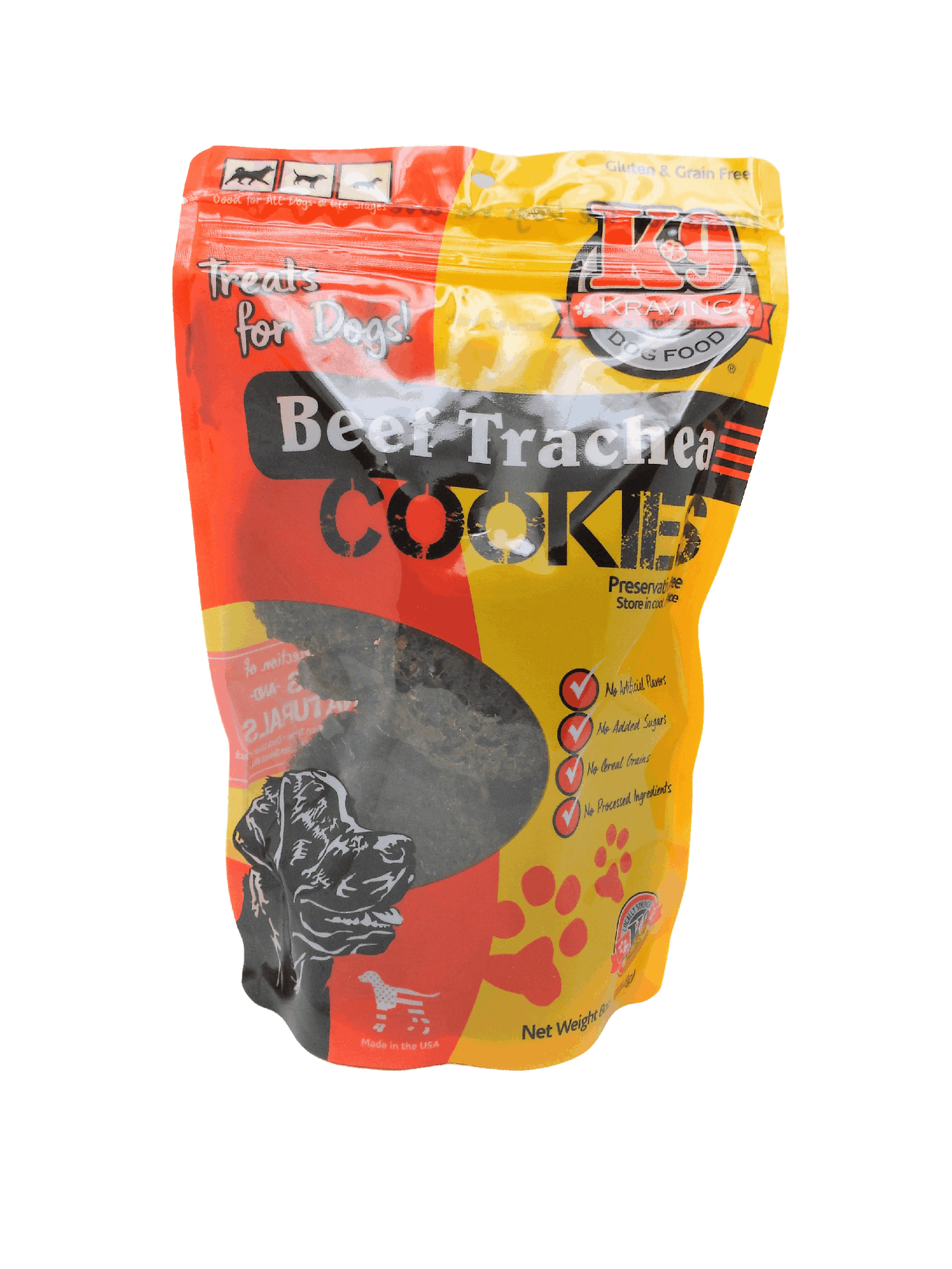 Beef Trachea K-9 Cookies packaging with 100% USA sourced treats for dogs.