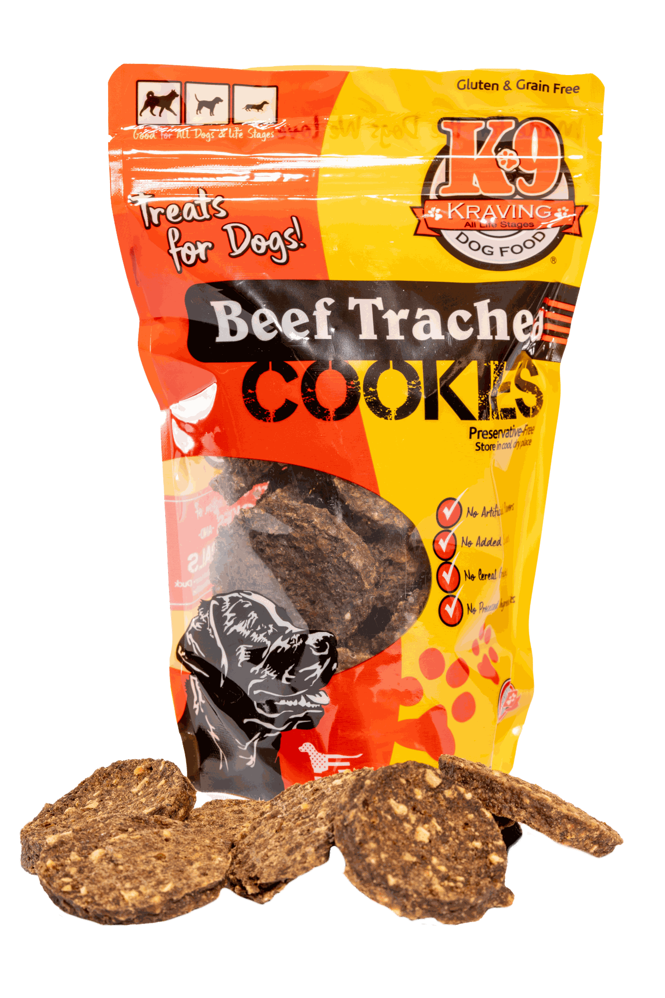 Beef Trachea K-9 Cookies in a vibrant packaging with dog treat pieces displayed.