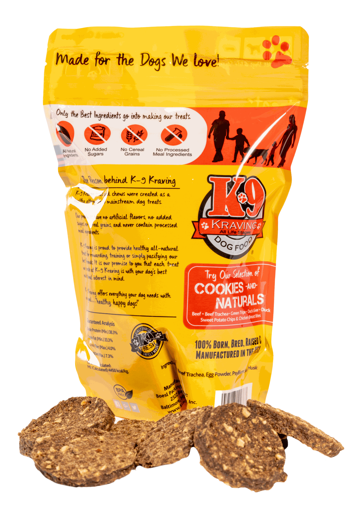Beef Trachea K-9 Cookies, 100% USA sourced, 3-ingredient dog treat packaging.
