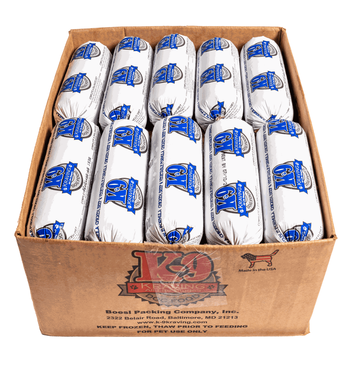 Raw dog food with chicken, beef, and vegetable formula packaged in brown box; K-9 Kraving.
