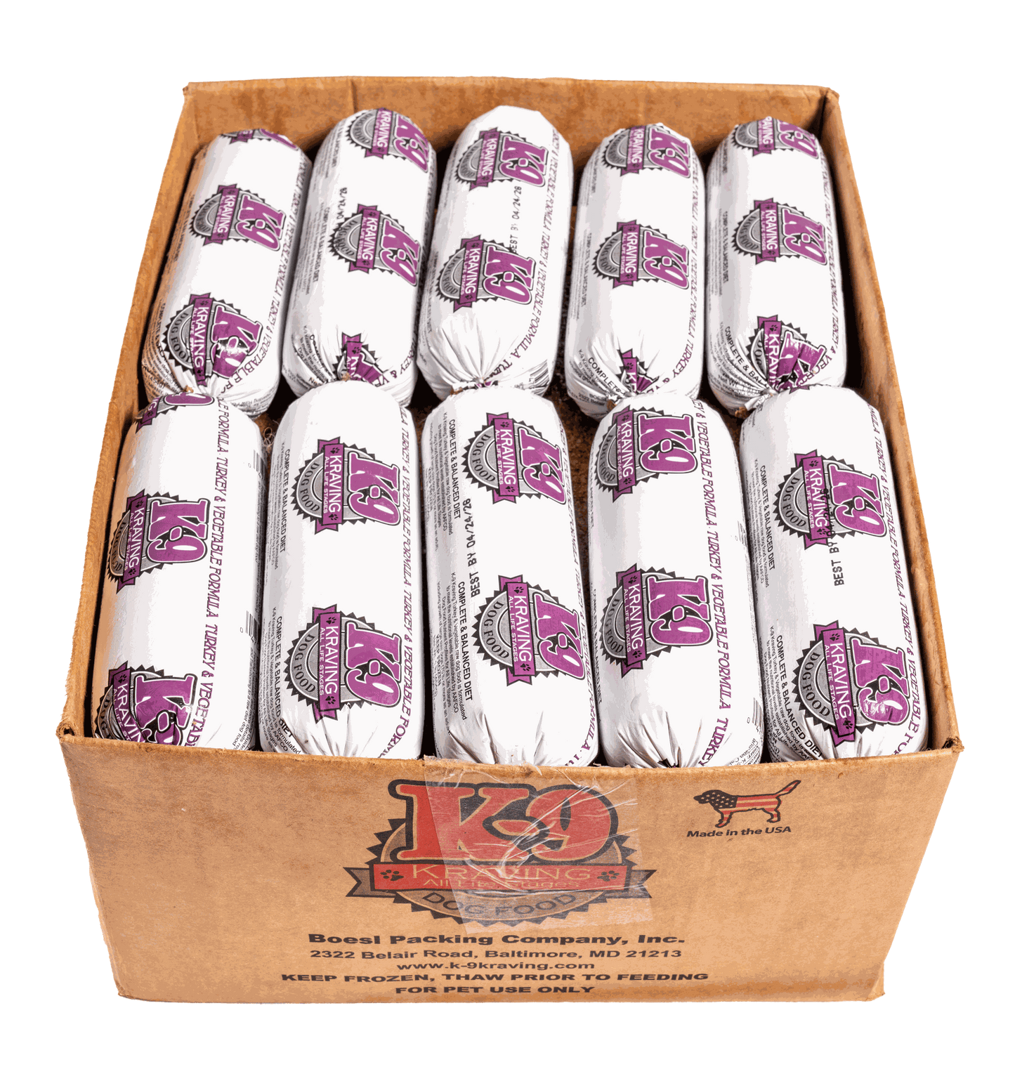 Raw dog food rolls in a box, labeled K-9 Kraving Turkey & Vegetable Formula.