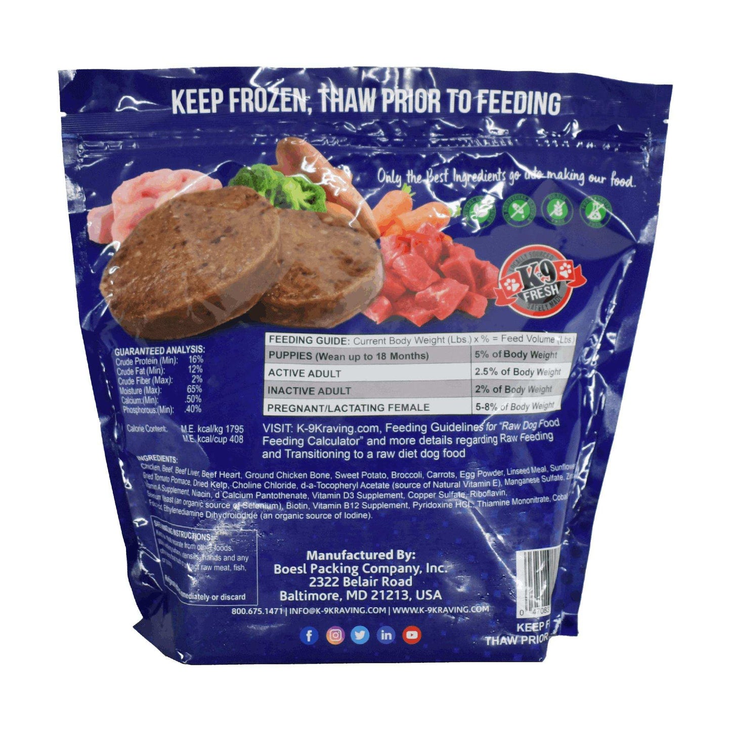 K-9 Kraving Chicken Beef Vegetable Formula Raw Dog Food packaging with feeding guide and nutrition details.