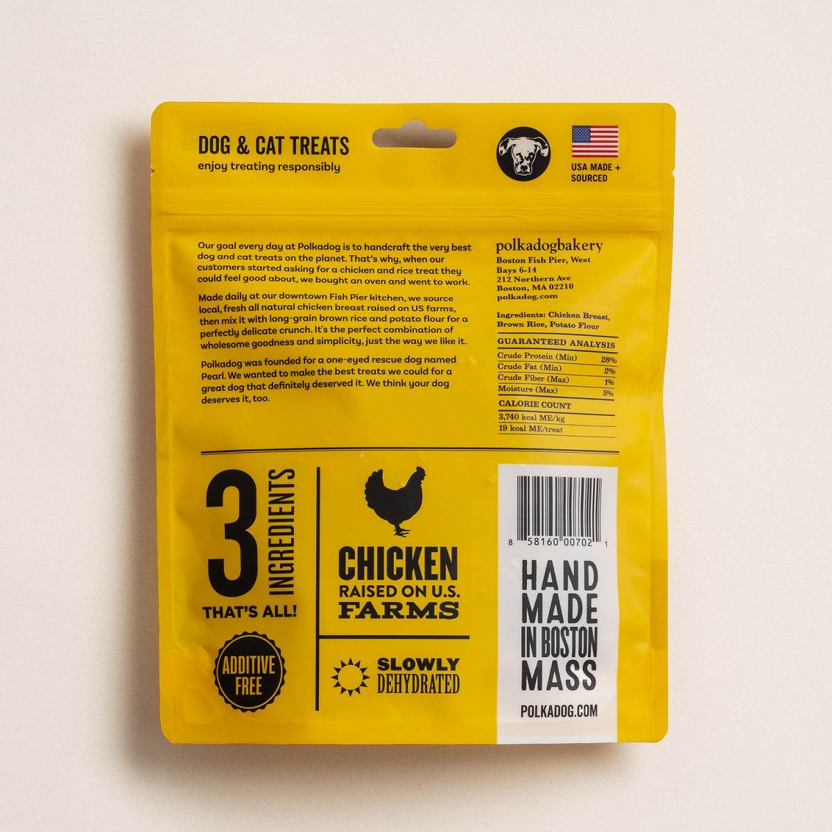 Yellow bag of Chicken Littles Bone Shaped Crunchy Dog Treats made with chicken breast, brown rice, and potato flour, hand made in Boston, Massachusetts.