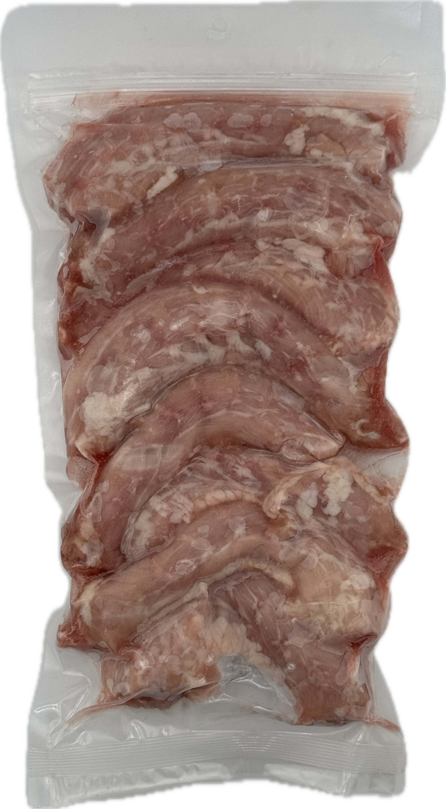 Raw chicken necks in a clear vacuum-sealed package for dogs.