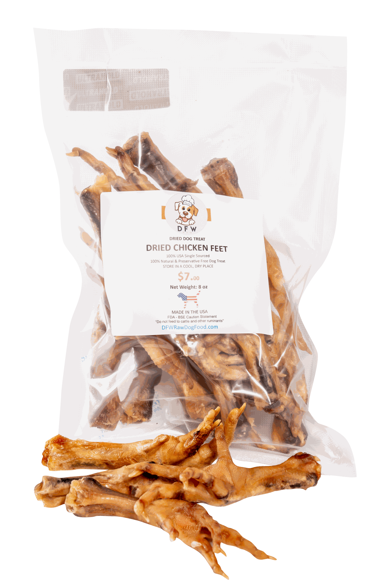 Natural dried chicken feet in packaging with loose treats for dog joint and dental health.