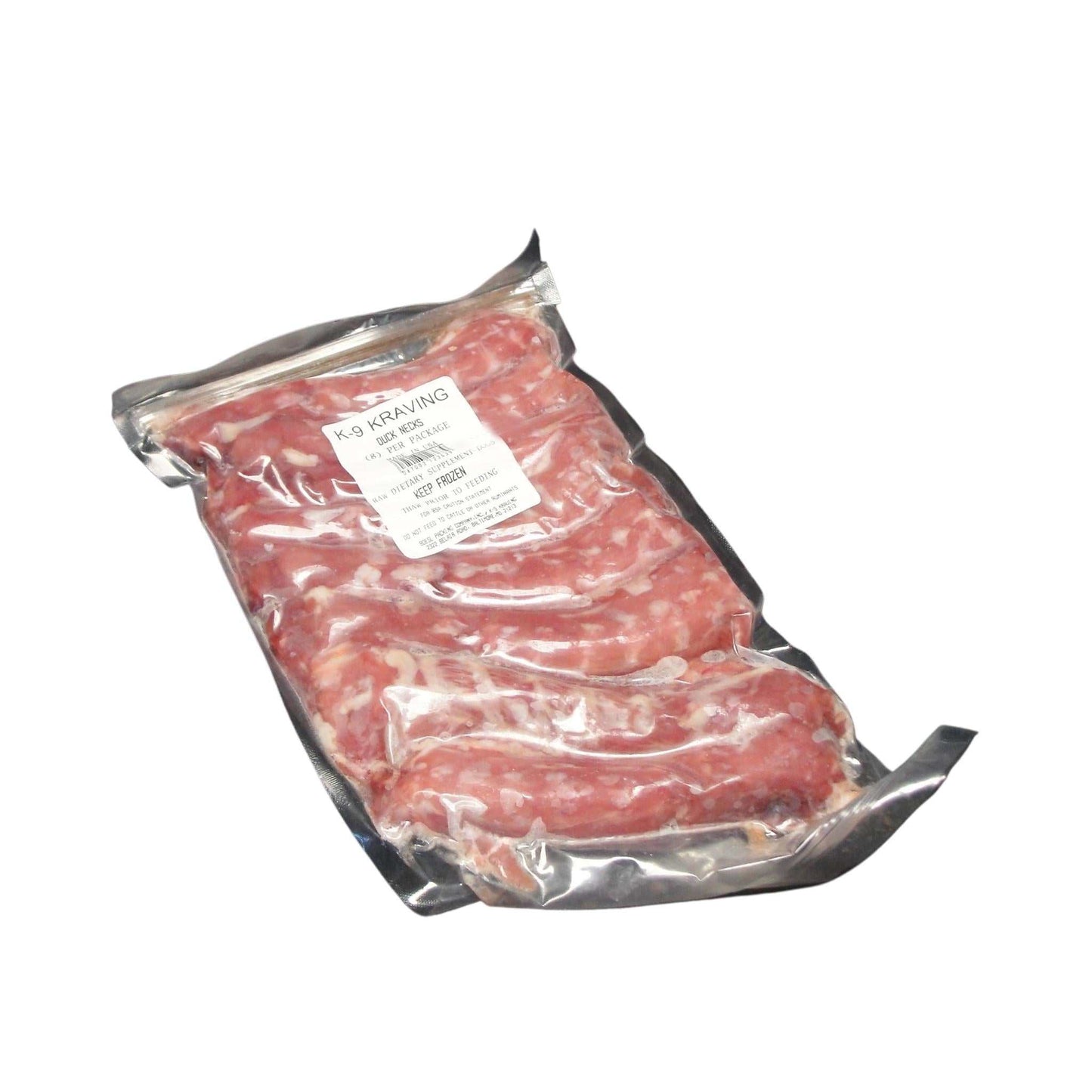 K-9 Kraving Duck Necks for dogs, vacuum-sealed, raw meaty bone.