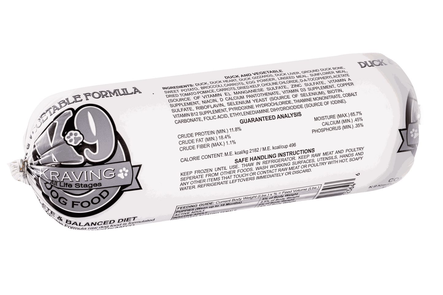 K-9 Kraving Duck & Vegetable Raw Dog Food packaging featuring ingredients and nutritional information.