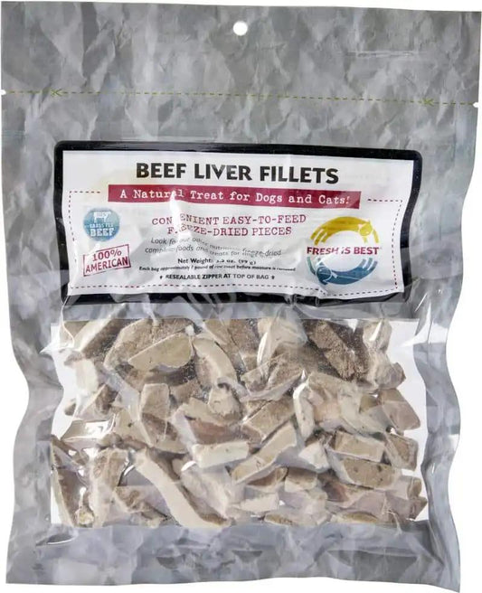 Freeze dried beef liver fillet treats for dogs and cats in resealable bag.