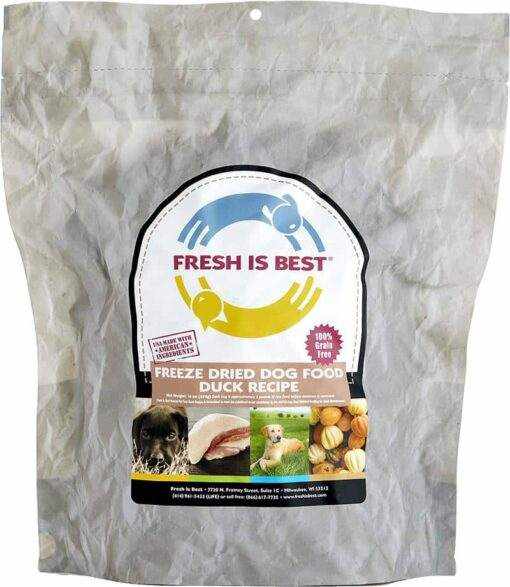Freeze Dried Duck Dog Food in resealable bag with Fresh Is Best logo.