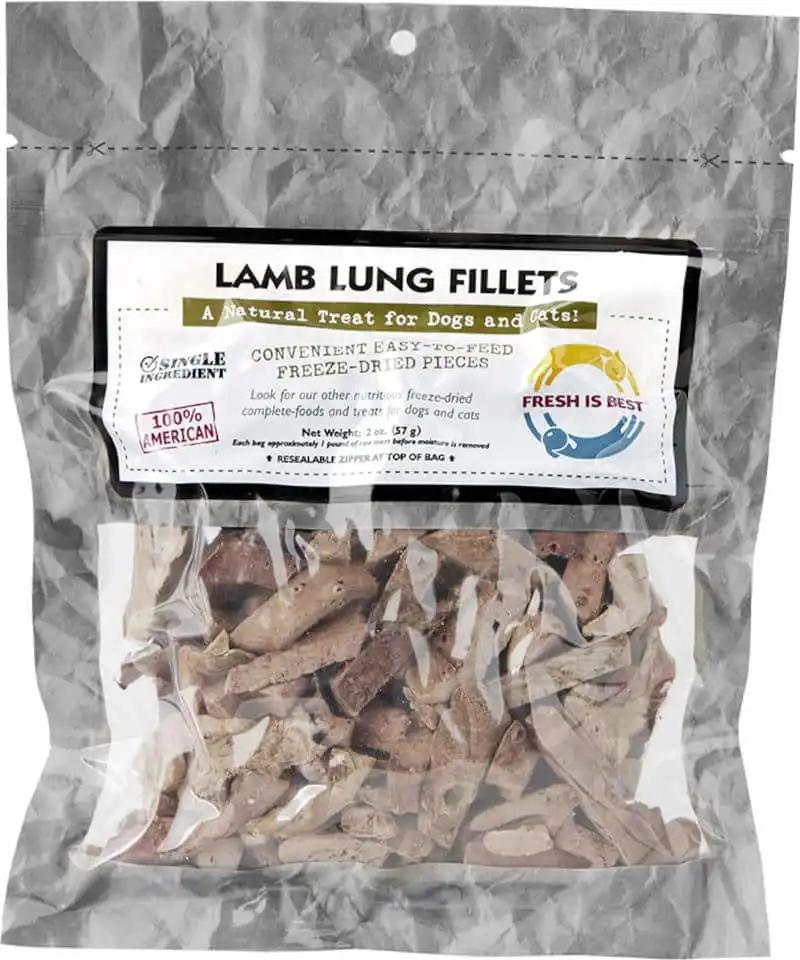Freeze dried lamb lung fillets in resealable package for pets.