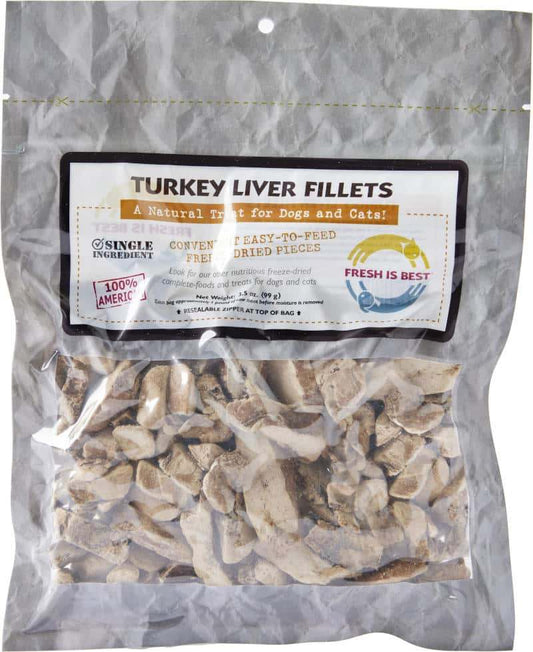 Freeze dried turkey liver fillets in resealable bag for pets.