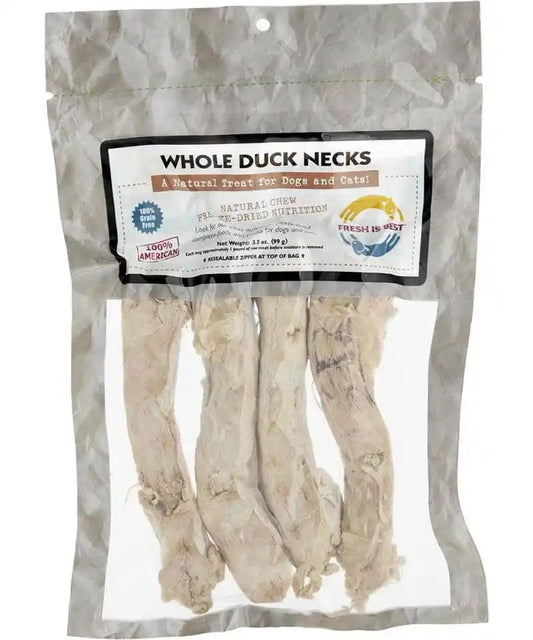 Freeze dried whole duck necks for pets in a resealable bag.