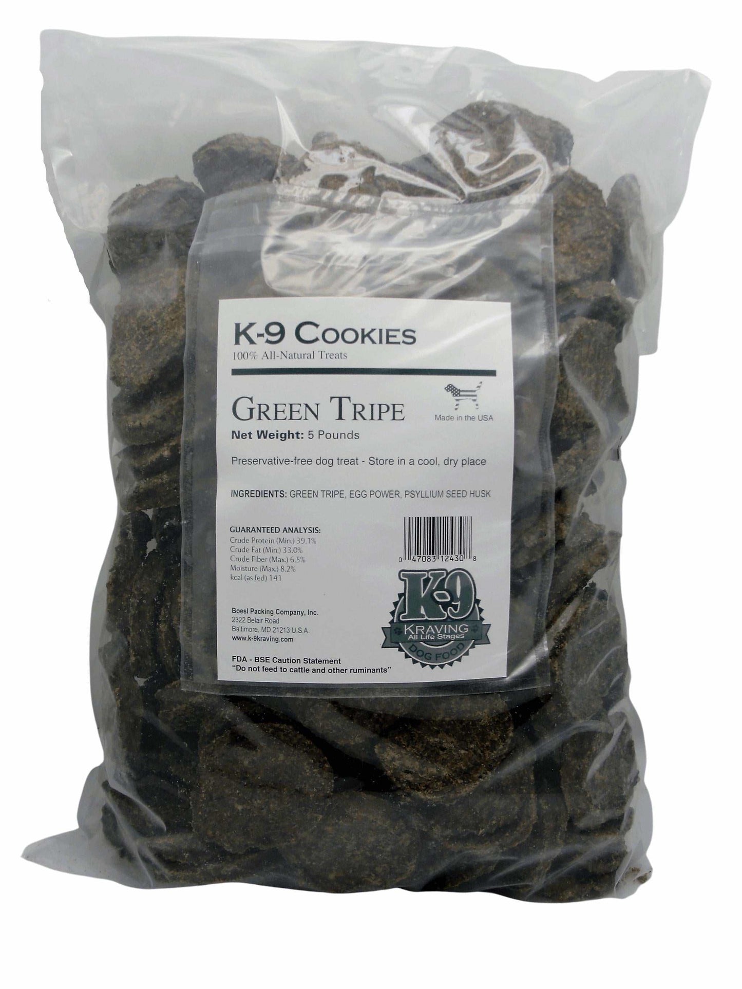 Green Tripe K-9 Cookies - 5 lbs of 100% USA sourced dog treats in clear packaging.