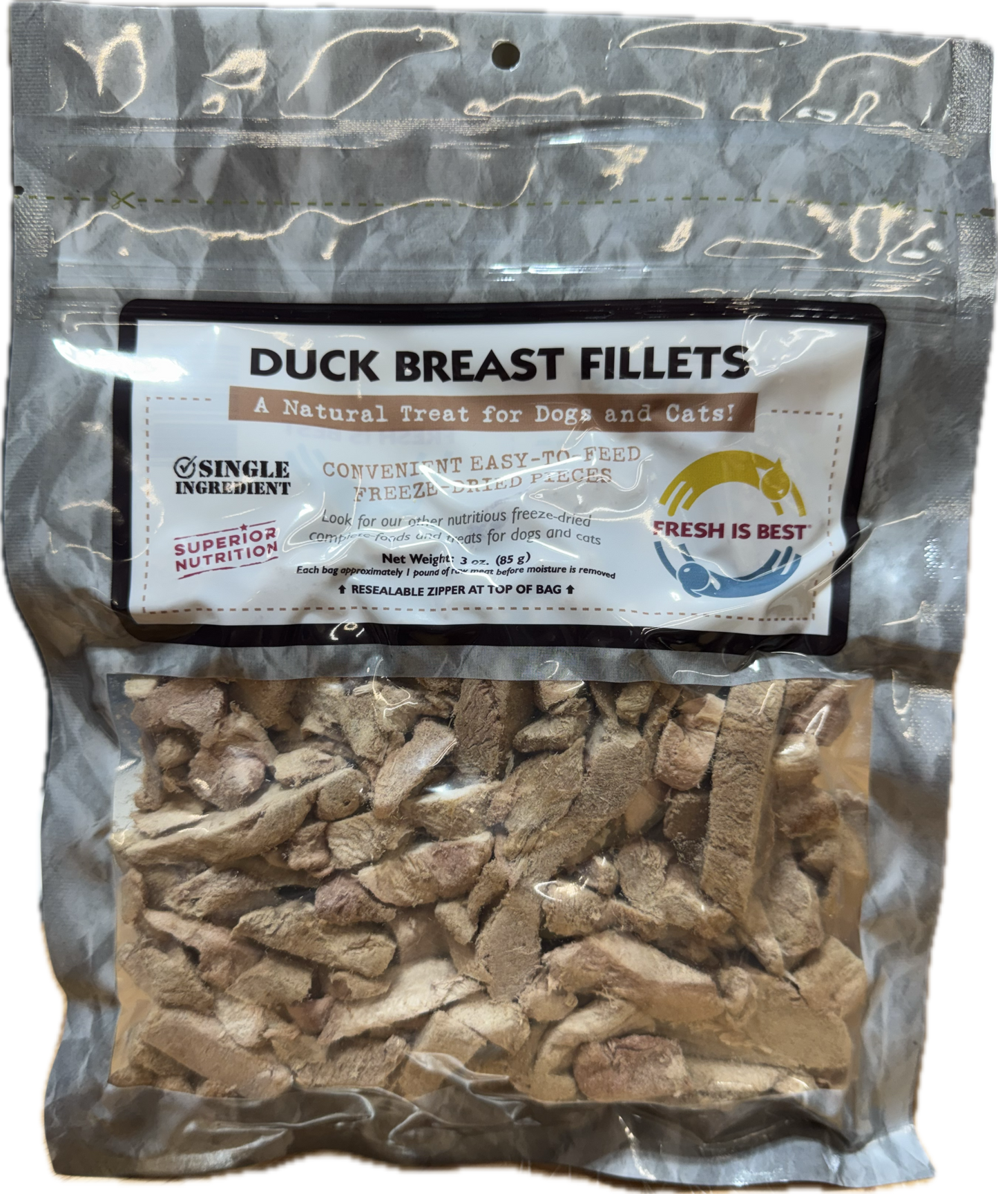 Freeze dried duck breast fillets in resealable packaging for dogs and cats.