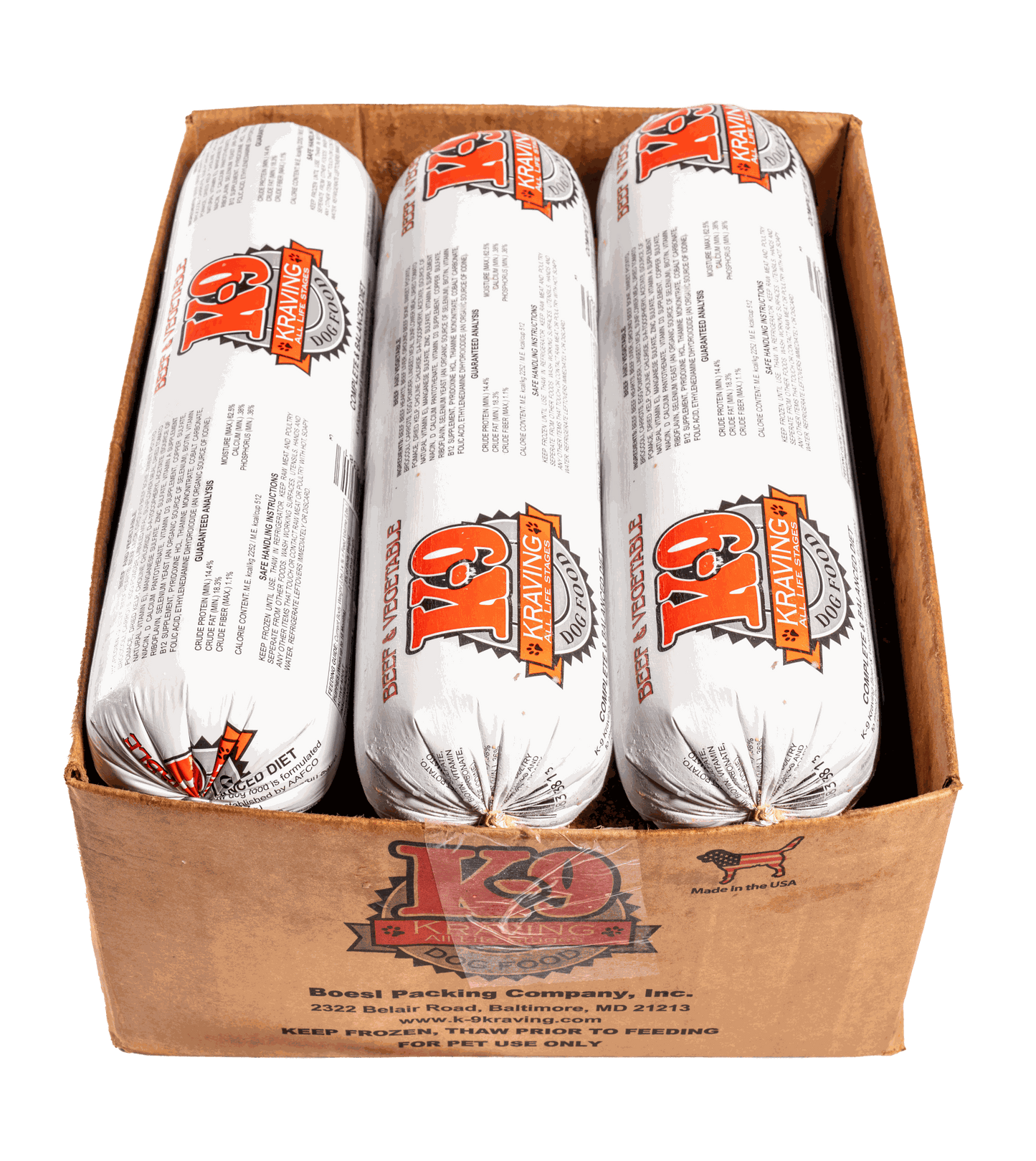 K-9 Kraving Beef & Vegetable Formula Raw Dog Food packaging in a cardboard box.