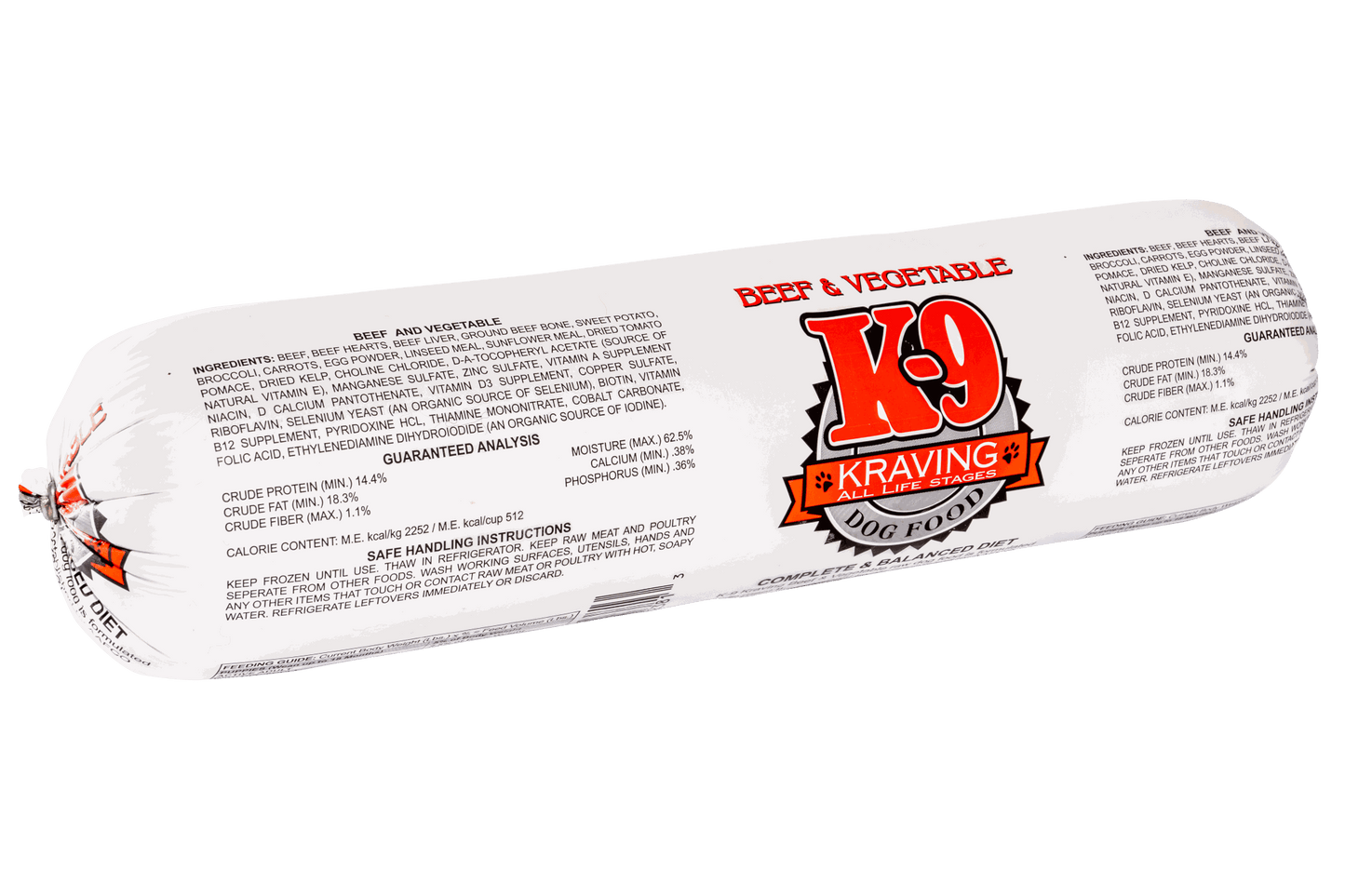 K-9 Kraving Beef & Vegetable Raw Dog Food packaging with ingredient list.