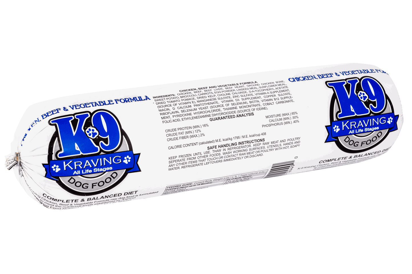 K-9 Kraving Chicken Beef Vegetable Formula Raw Dog Food Package.
