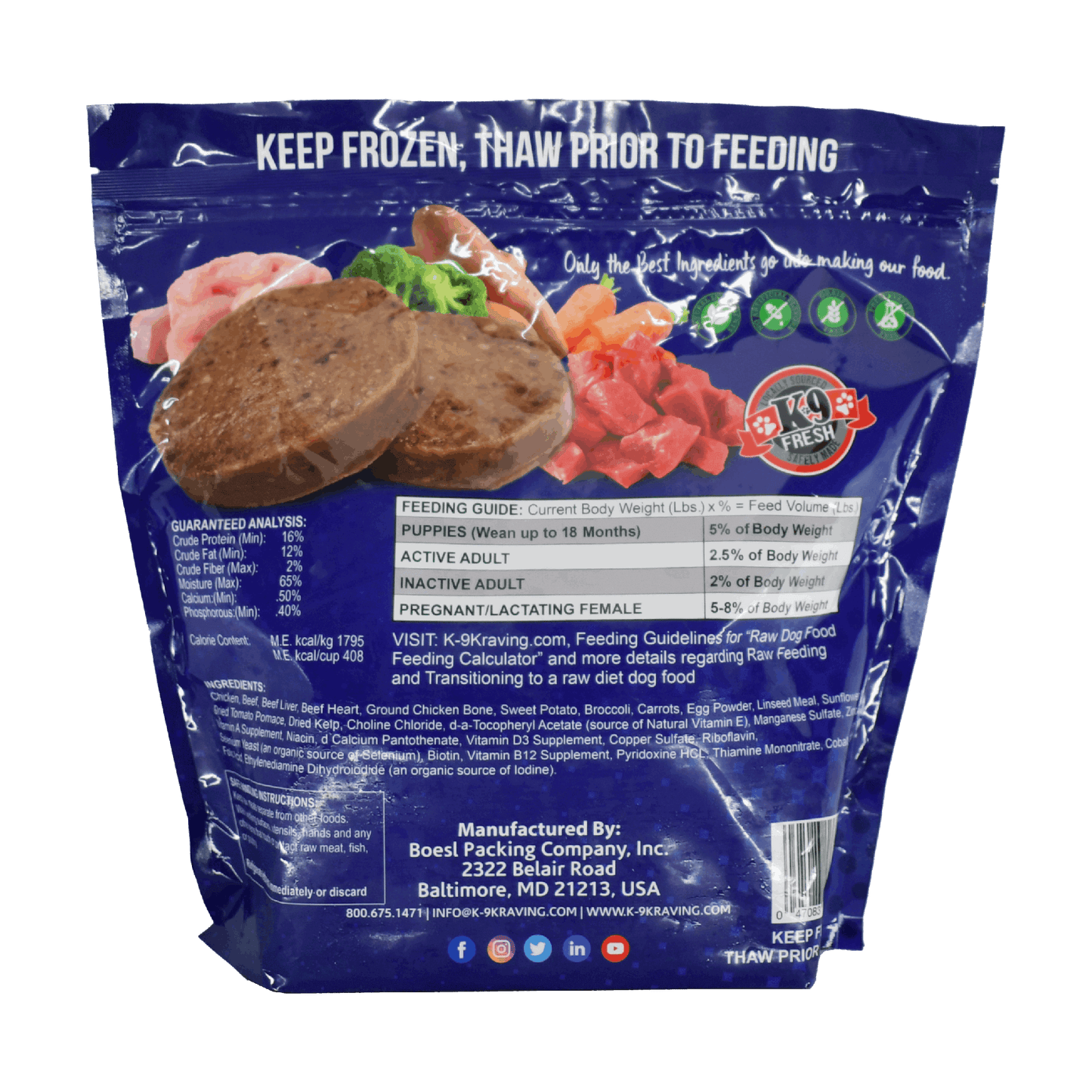 K-9 Kraving Chicken Beef Vegetable Formula Raw Dog Food packaging with feeding guide and nutrition details.