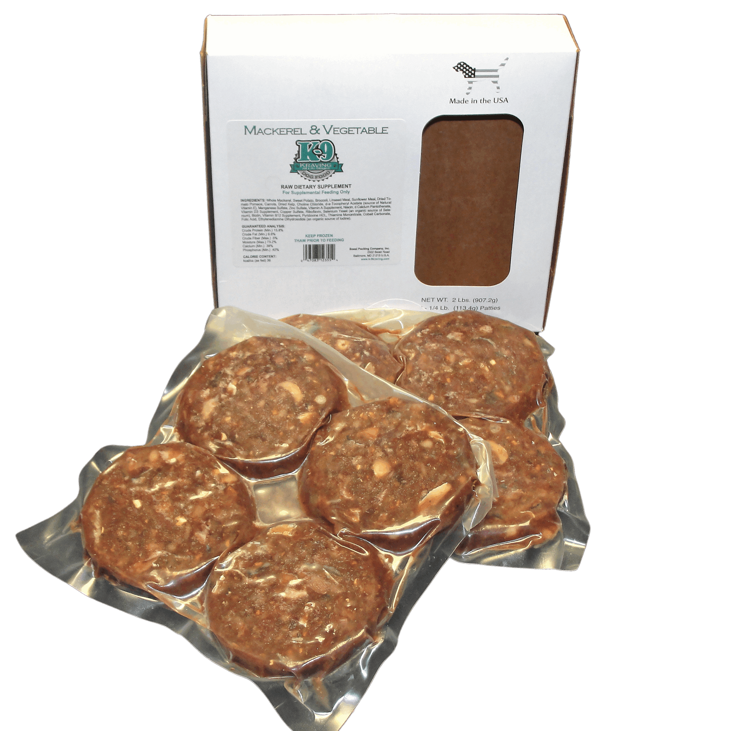 Mackerel and Vegetable Raw Dog Food Packaging with Patties