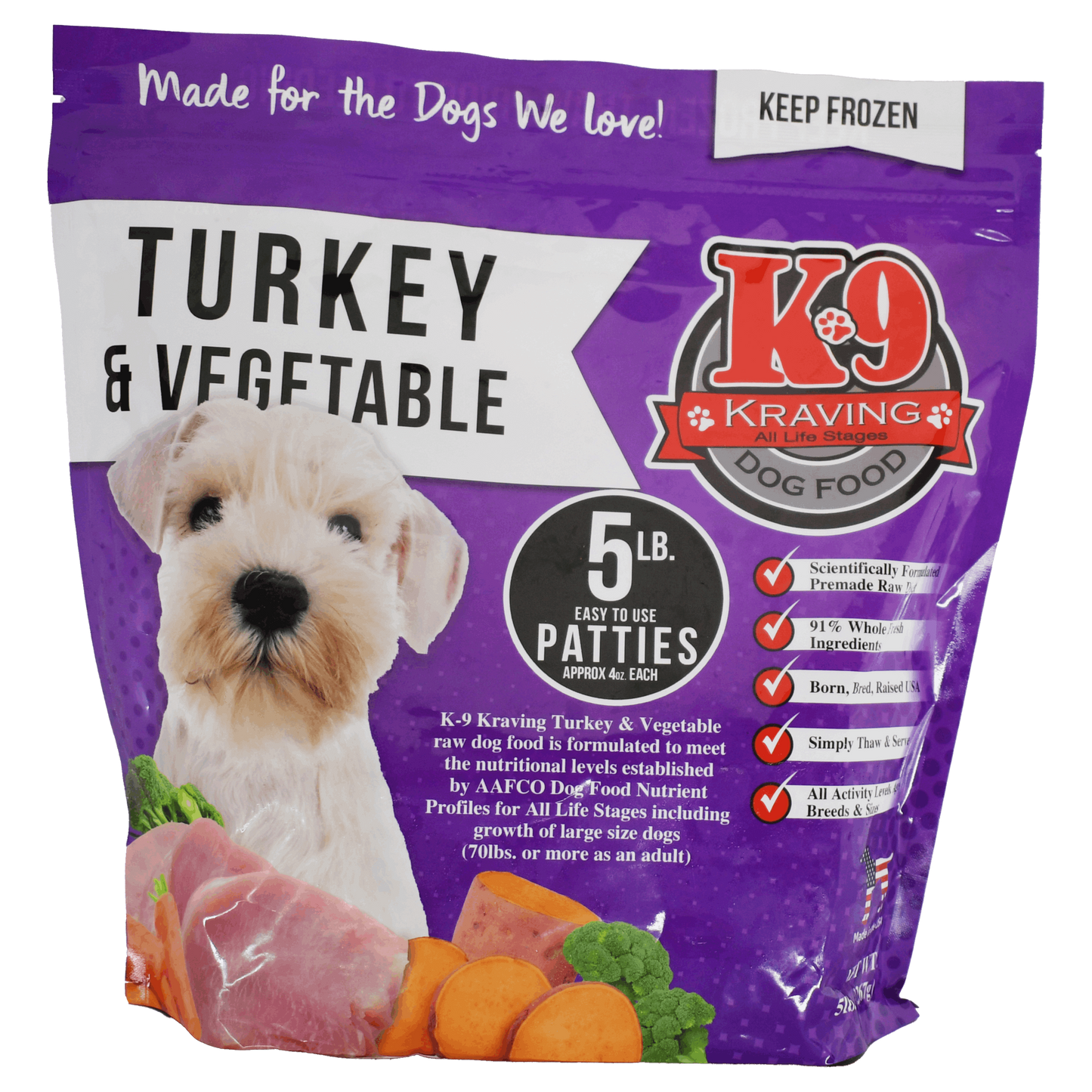 K-9 Kraving Turkey & Vegetable Raw Dog Food packaging with turkey and vegetables.