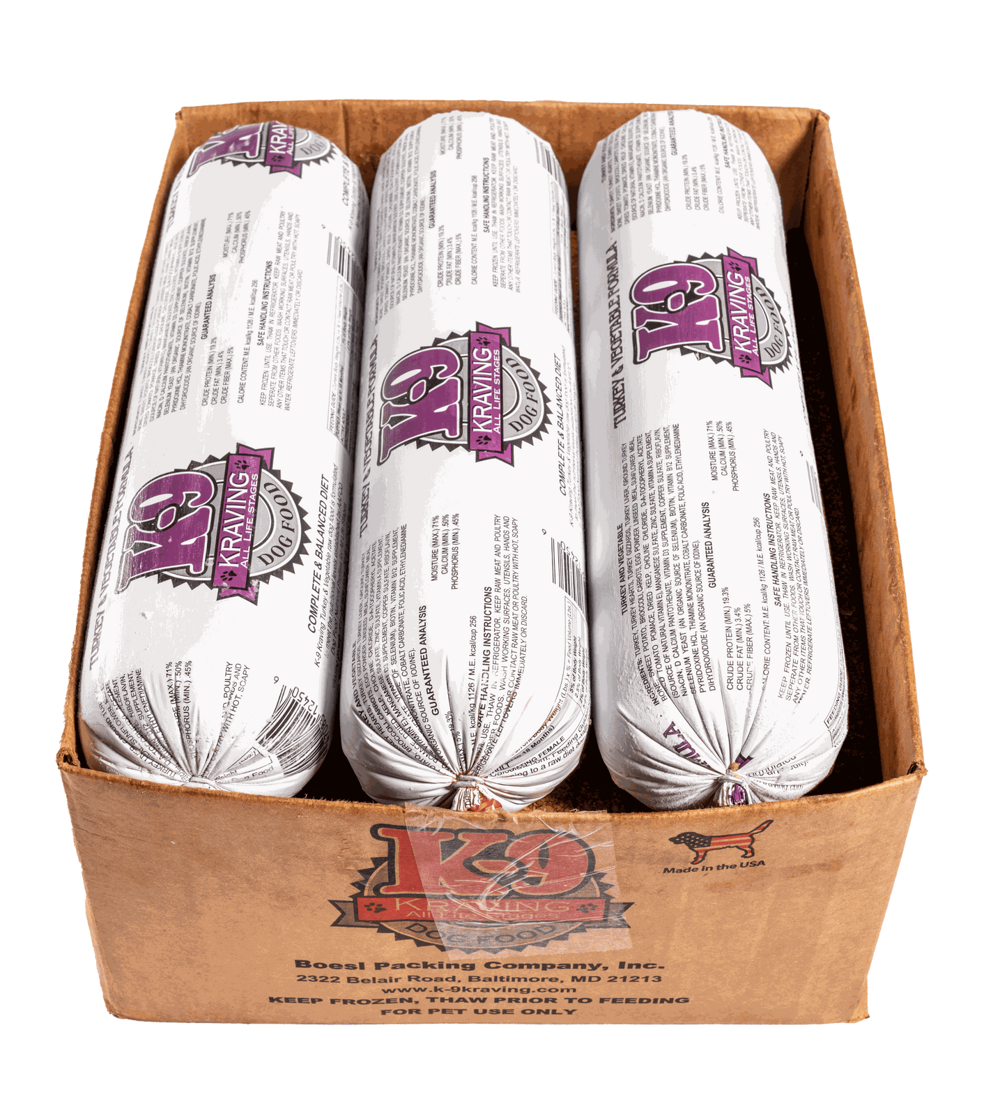 K-9 Kraving Turkey & Vegetable Formula raw dog food package in a cardboard box.