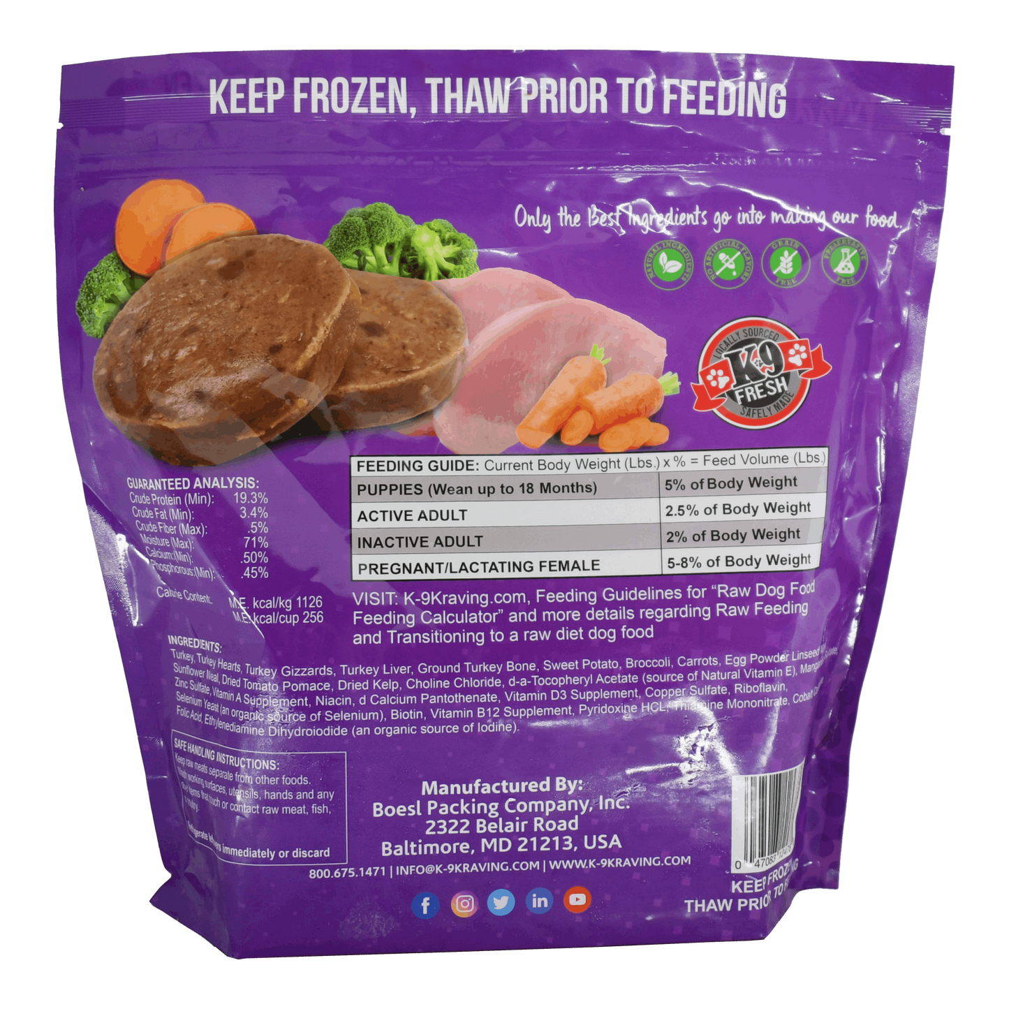 K-9 Kraving Turkey & Vegetable Formula Raw Dog Food packaging showing nutritional details and product features.