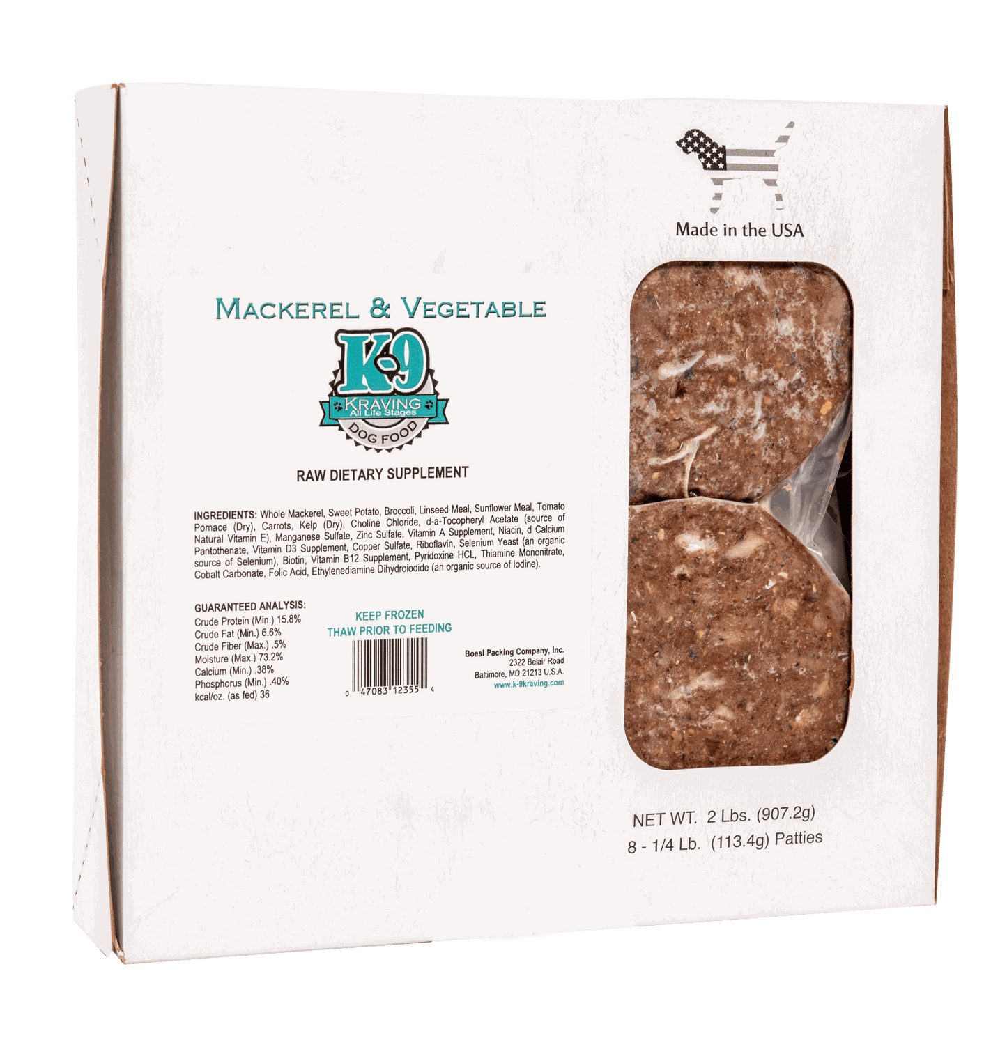 Mackerel and vegetable raw dog food packaging with logo and product information.