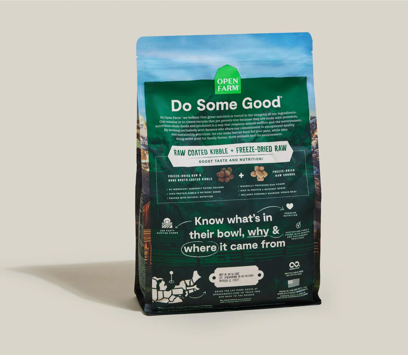 Bag of RawMix Open Prairie Ancient Grains dog kibble with raw coated freeze-dried pieces for puppies and adult dogs