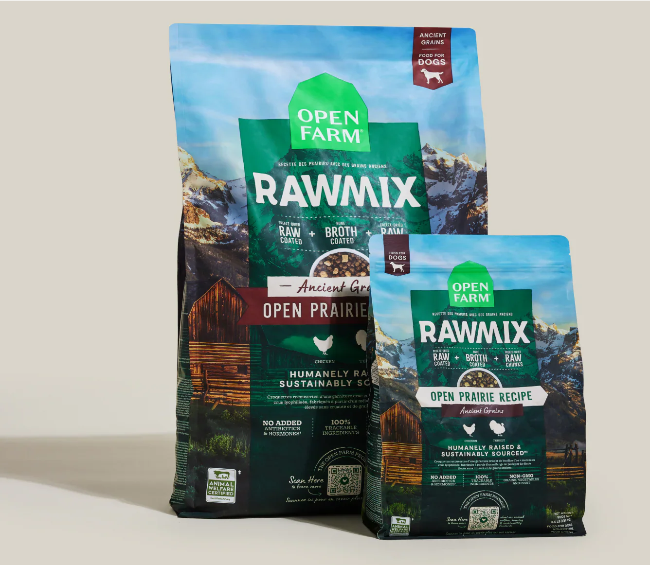 RawMix Open Prairie Ancient Grains dog kibble with chicken, turkey, bone broth, and nutrient-rich ancient grains for small to senior dogs