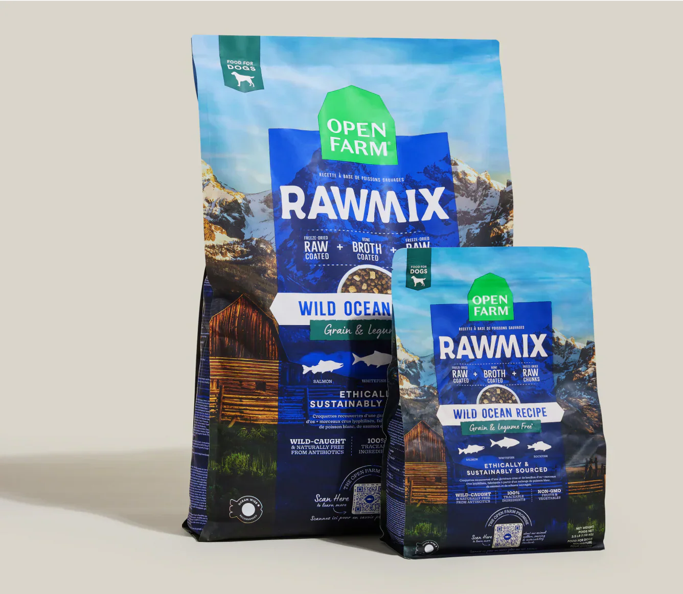 RawMix Wild Ocean grain-free dog kibble with wild-caught fish, bone broth coating, and superfoods for small and medium breed dogs