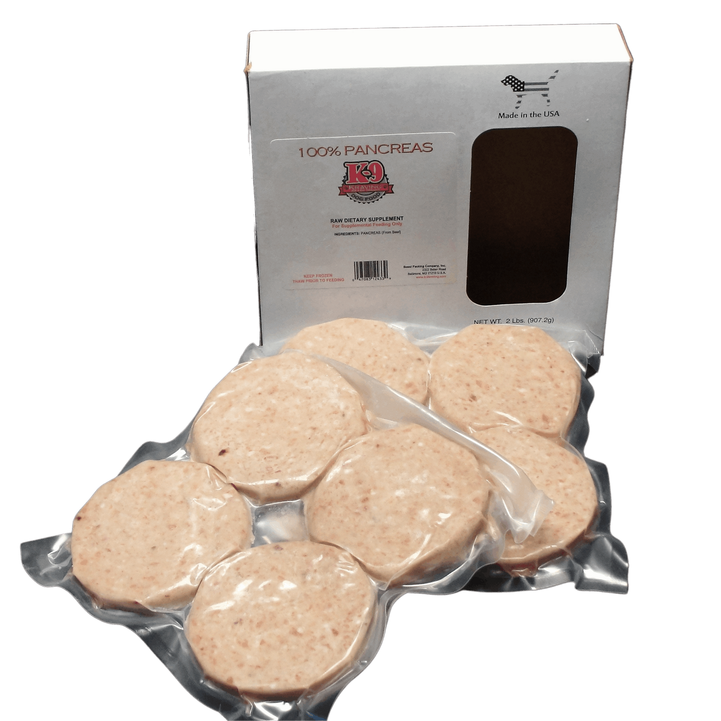 K-9 Kraving Ground Pancreas patties in packaging for raw-fed dogs.