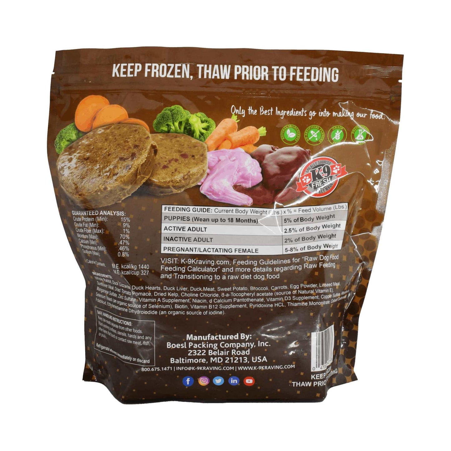 Raw dog food package featuring K-9 Kraving Rabbit Duck & Vegetable Formula, showcasing nutritional analysis and feeding guidelines.