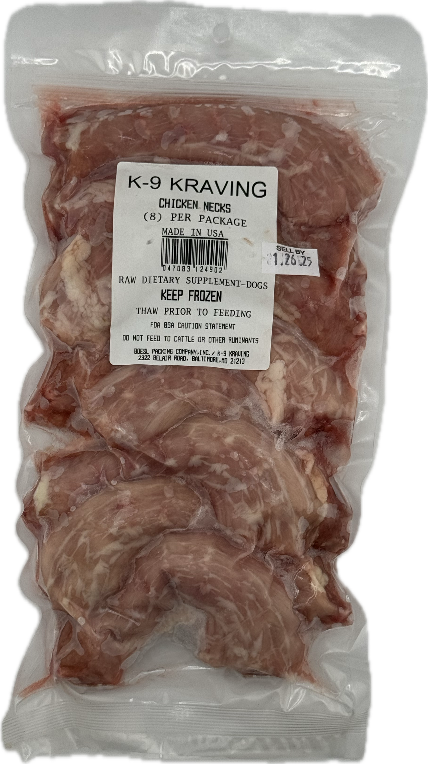 Natural K-9 Kraving chicken necks in sealed packaging for dogs.