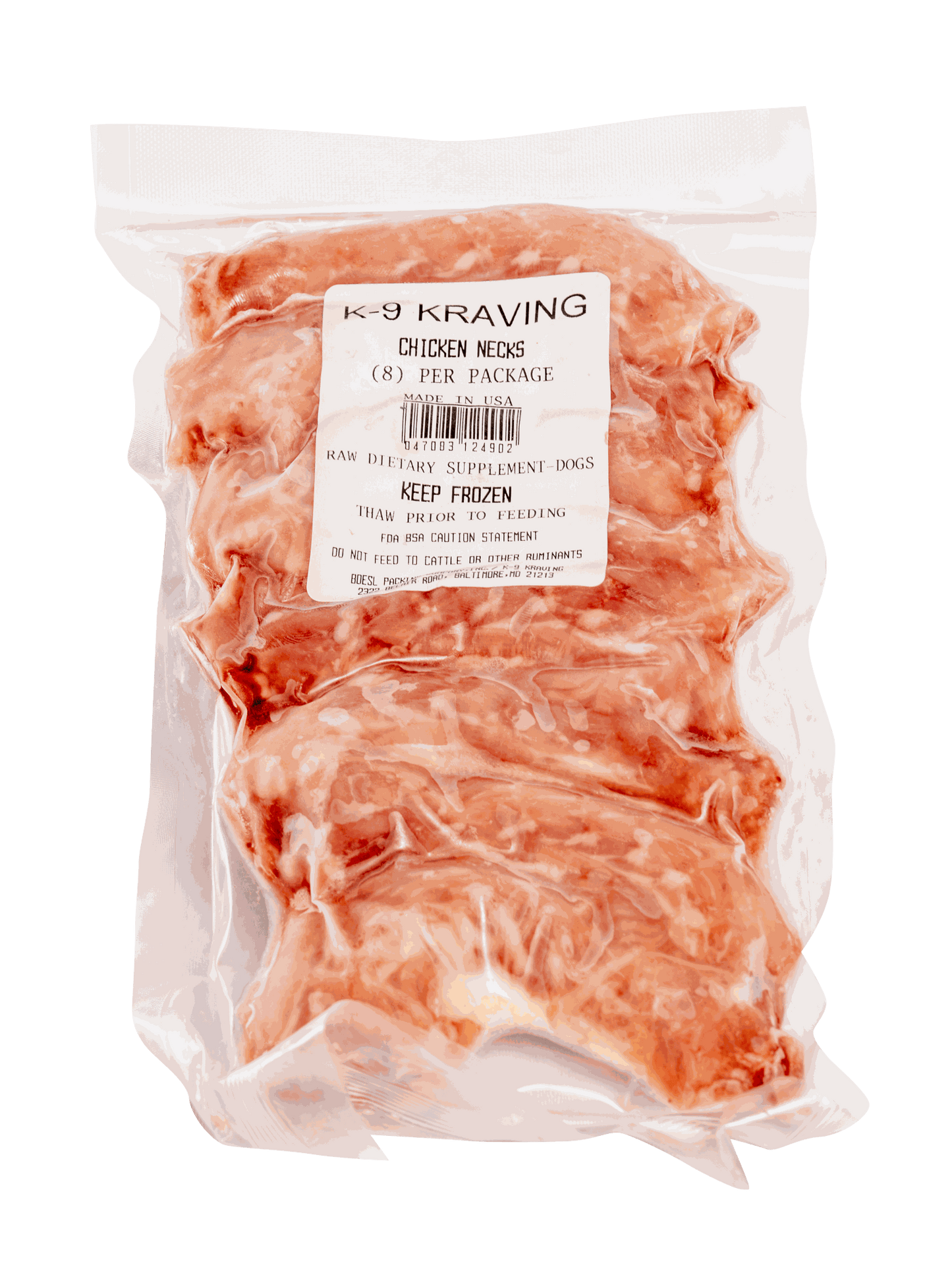 K-9 Kraving Chicken Necks in vacuum-sealed package for dogs, raw meaty bones.