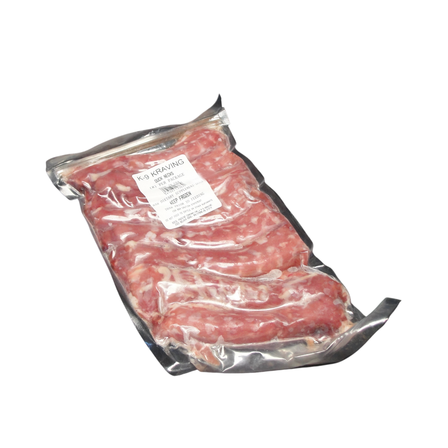 K-9 Kraving Duck Necks for dogs, vacuum-sealed, raw meaty bone.