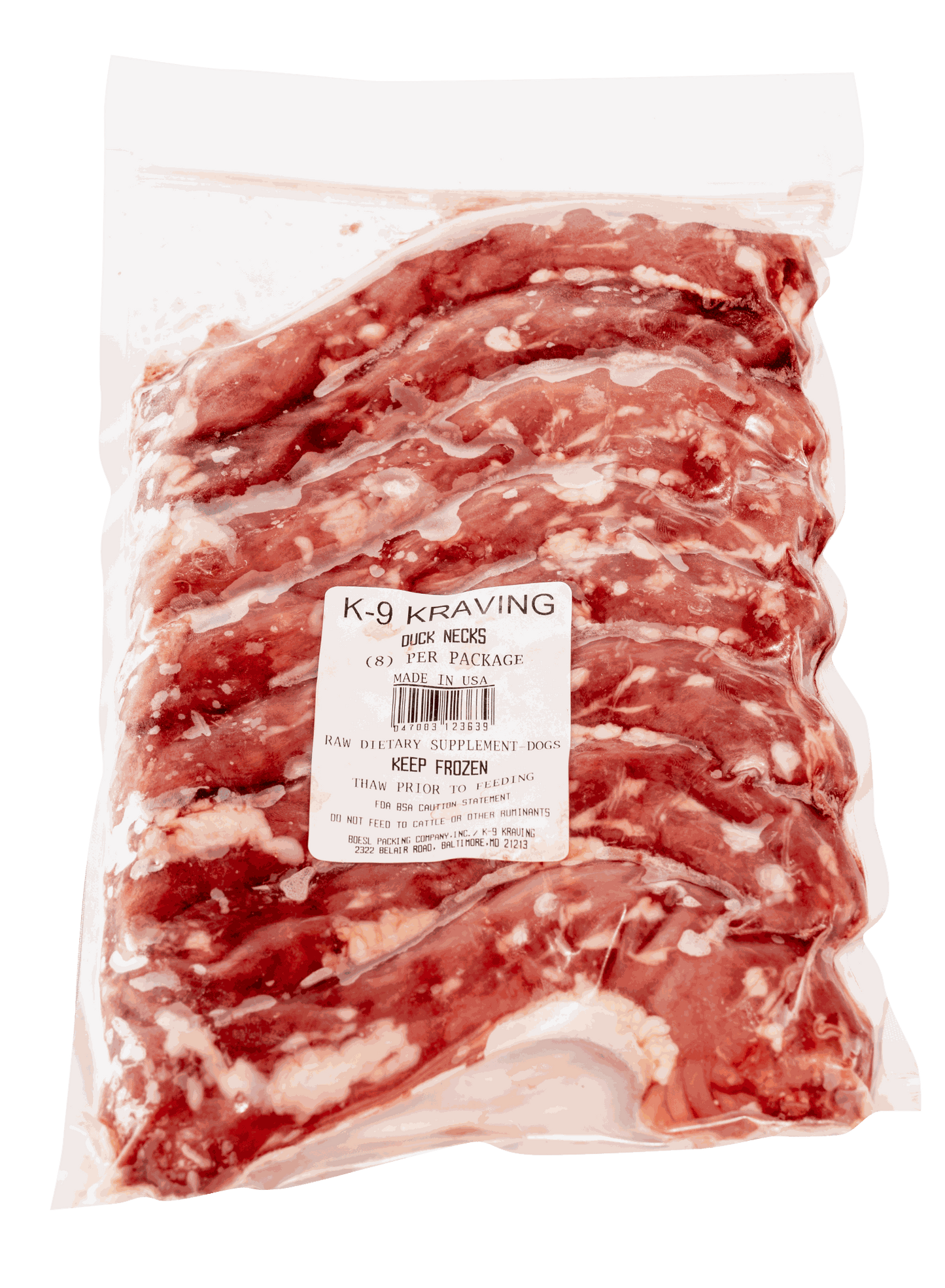 Natural raw duck necks for dogs, packaged by K-9 Kraving.
