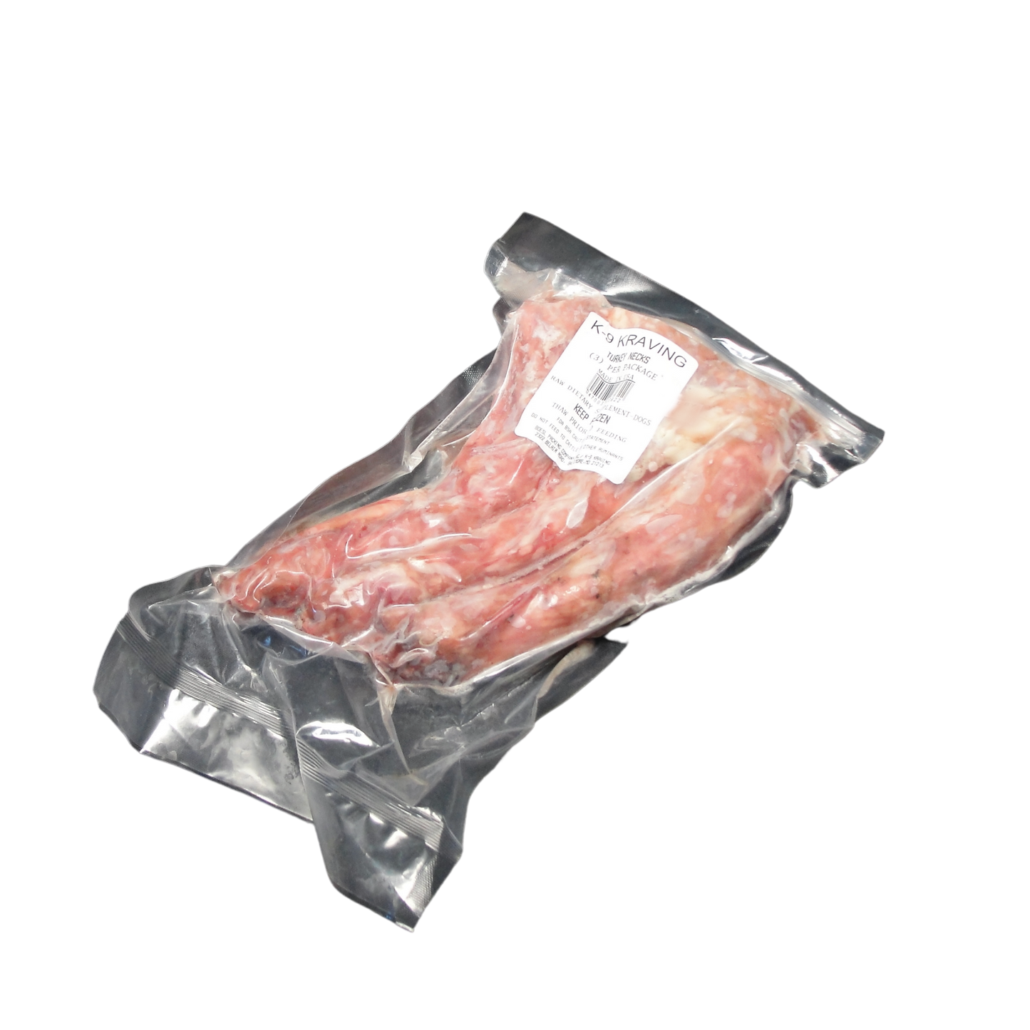 Natural raw turkey necks in vacuum-sealed packaging for dogs.