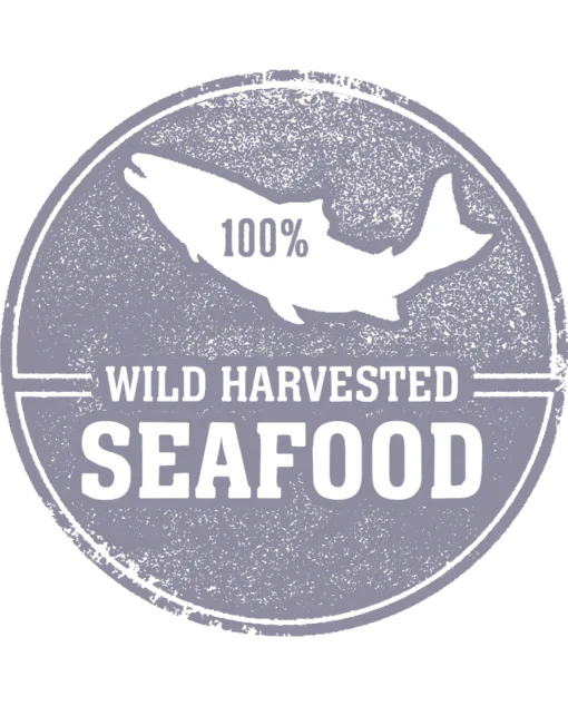 100% Wild Harvested Seafood logo for freeze dried salmon fillets.