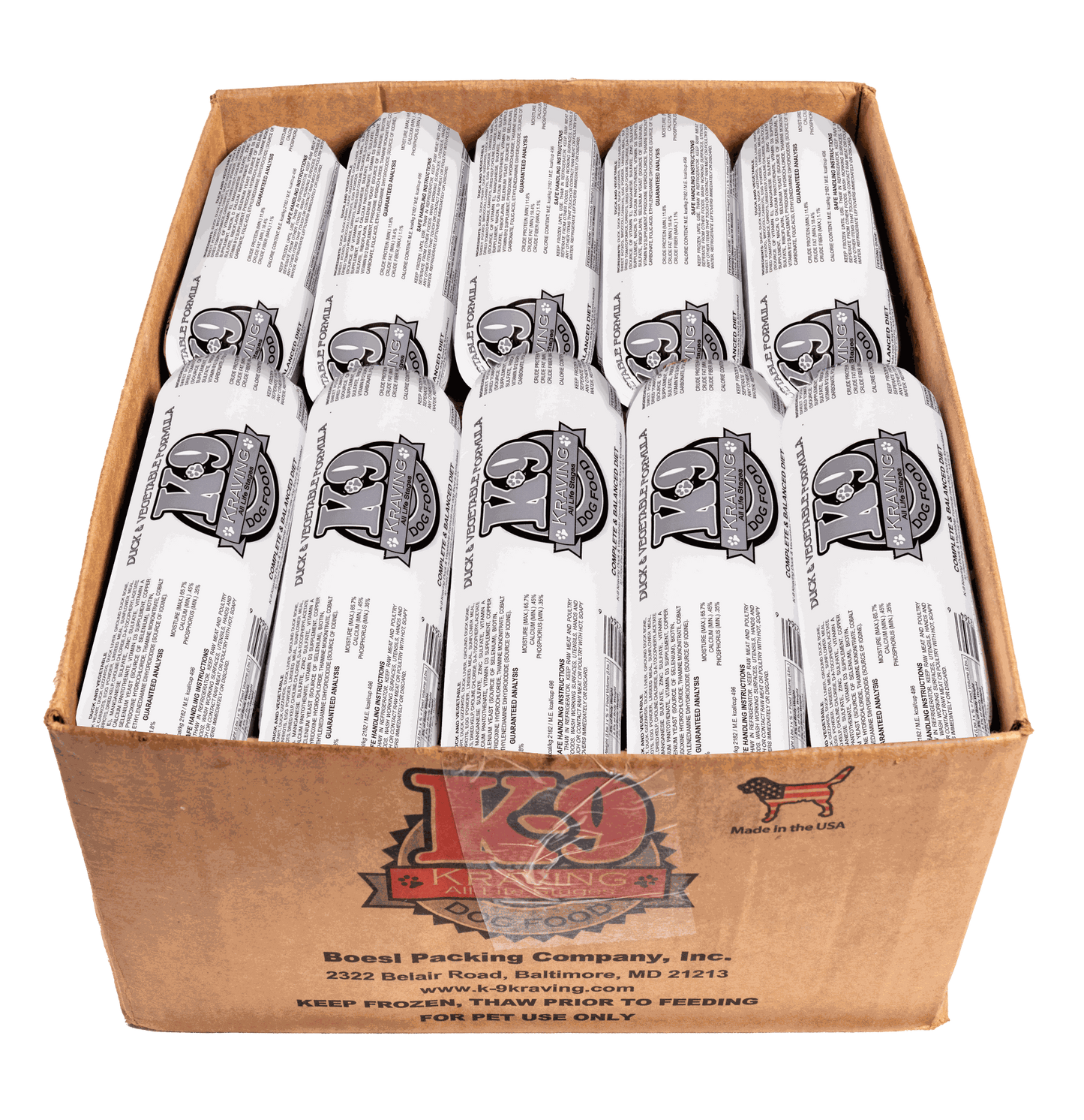 Box of K-9 Kraving Duck & Vegetable Formula Raw Dog Food packages.